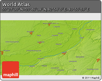 Physical 3D Map of the Area around 55° 34' 4" N, 83° 22' 30" E