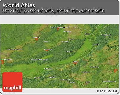 Satellite 3D Map of the Area around 55° 34' 4" N, 83° 22' 30" E