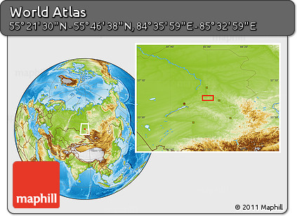 Physical Location Map of the Area around 55° 34' 4" N, 85° 4' 29" E
