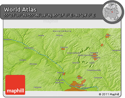 Physical 3D Map of the Area around 55° 34' 4" N, 85° 55' 30" E