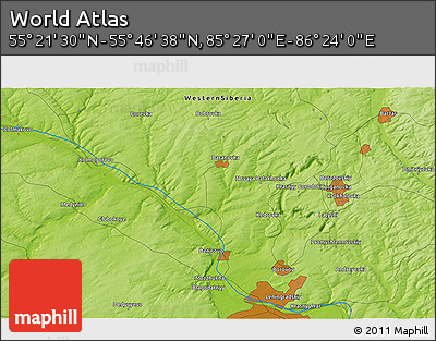 Physical 3D Map of the Area around 55° 34' 4" N, 85° 55' 30" E
