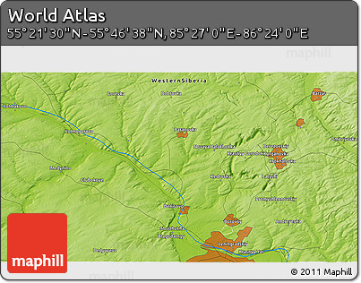 Physical 3D Map of the Area around 55° 34' 4" N, 85° 55' 30" E