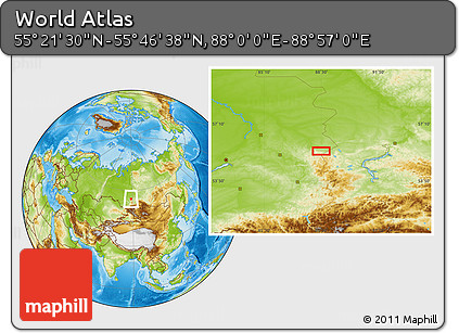 Physical Location Map of the Area around 55° 34' 4" N, 88° 28' 29" E