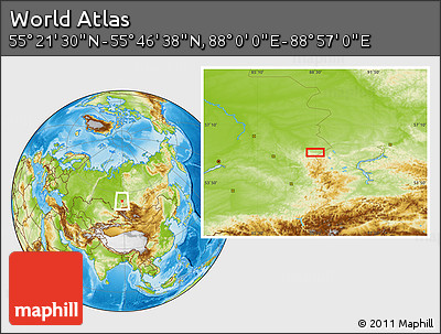 Physical Location Map of the Area around 55° 34' 4" N, 88° 28' 29" E