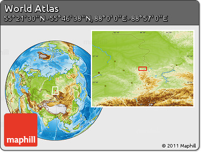 Physical Location Map of the Area around 55° 34' 4" N, 88° 28' 29" E
