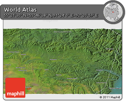 Satellite 3D Map of the Area around 55° 34' 4" N, 91° 52' 30" E
