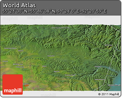 Satellite 3D Map of the Area around 55° 34' 4" N, 91° 52' 30" E