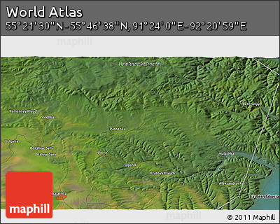 Satellite 3D Map of the Area around 55° 34' 4" N, 91° 52' 30" E