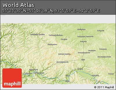 Physical 3D Map of the Area around 55° 34' 4" N, 93° 34' 29" E