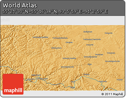Political 3D Map of the Area around 55° 34' 4" N, 93° 34' 29" E
