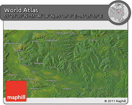 Satellite 3D Map of the Area around 55° 34' 4" N, 96° 7' 30" E