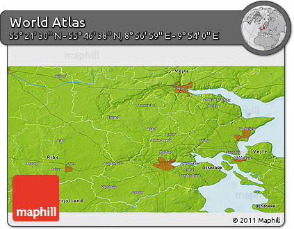 Physical 3D Map of the Area around 55° 34' 4" N, 9° 25' 30" E