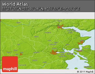 Physical 3D Map of the Area around 55° 34' 4" N, 9° 25' 30" E