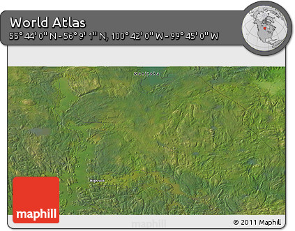 Satellite 3D Map of the Area around 55° 56' 31" N, 100° 13' 29" W