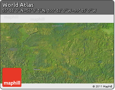 Satellite 3D Map of the Area around 55° 56' 31" N, 100° 13' 29" W