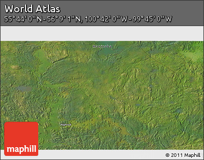 Satellite 3D Map of the Area around 55° 56' 31" N, 100° 13' 29" W