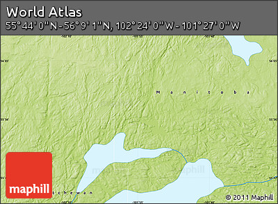 Physical Map of the Area around 55° 56' 31" N, 101° 55' 30" W