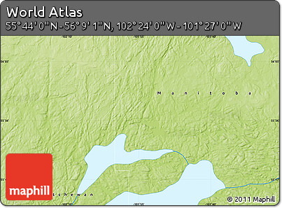 Physical Map of the Area around 55° 56' 31" N, 101° 55' 30" W