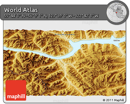 Physical 3D Map of the Area around 55° 56' 31" N, 123° 10' 30" W