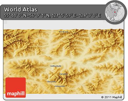 Physical 3D Map of the Area around 55° 56' 31" N, 127° 34' 30" E
