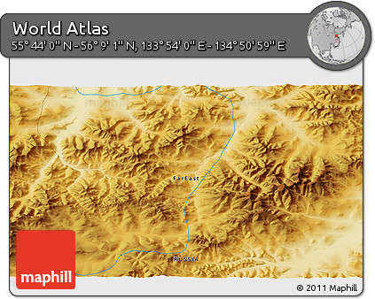 Physical 3D Map of the Area around 55° 56' 31" N, 134° 22' 30" E