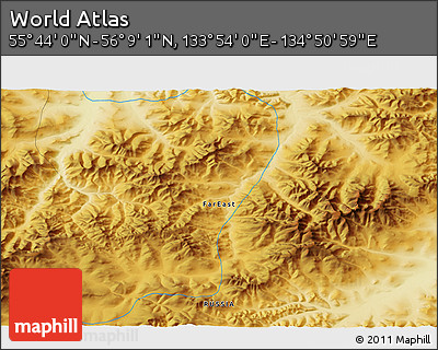 Physical 3D Map of the Area around 55° 56' 31" N, 134° 22' 30" E
