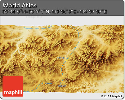Physical 3D Map of the Area around 55° 56' 31" N, 134° 22' 30" E