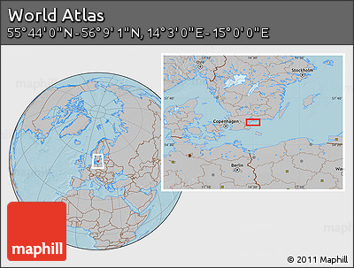Gray Location Map of the Area around 55° 56' 31" N, 14° 31' 30" E, hill shading