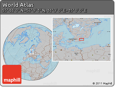 Gray Location Map of the Area around 55° 56' 31" N, 14° 31' 30" E, hill shading