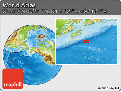Physical Location Map of the Area around 55° 56' 31" N, 151° 13' 29" W