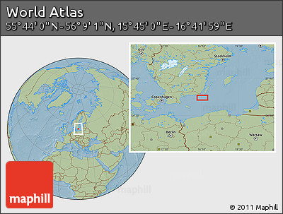 Savanna Style Location Map of the Area around 55° 56' 31" N, 16° 13' 30" E, hill shading