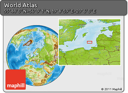 Physical Location Map of the Area around 55° 56' 31" N, 19° 37' 30" E