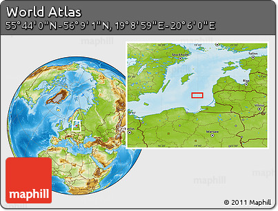 Physical Location Map of the Area around 55° 56' 31" N, 19° 37' 30" E