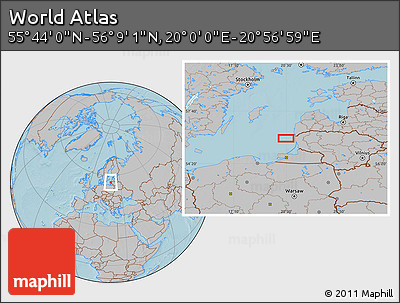 Gray Location Map of the Area around 55° 56' 31" N, 20° 28' 30" E, hill shading