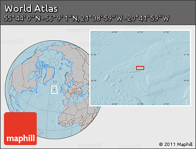 Gray Location Map of the Area around 55° 56' 31" N, 21° 10' 29" W, hill shading