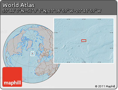 Gray Location Map of the Area around 55° 56' 31" N, 21° 10' 29" W, hill shading