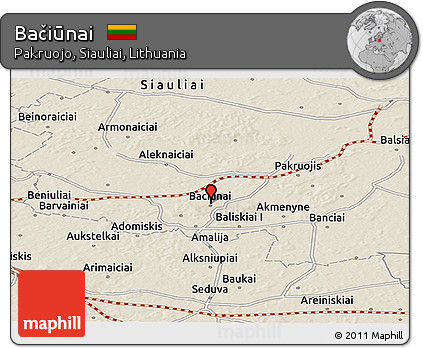 Shaded Relief Panoramic Map of Bačiūnai