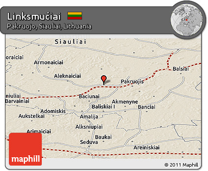 Shaded Relief Panoramic Map of Linksmučiai