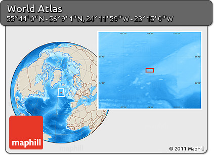 Shaded Relief Location Map of the Area around 55° 56' 31" N, 23° 43' 30" W