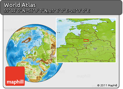 Physical Location Map of the Area around 55° 56' 31" N, 25° 34' 30" E