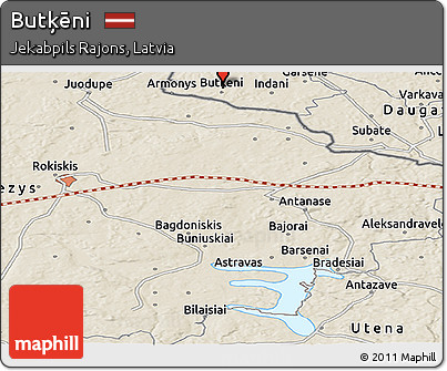 Shaded Relief Panoramic Map of Butķēni