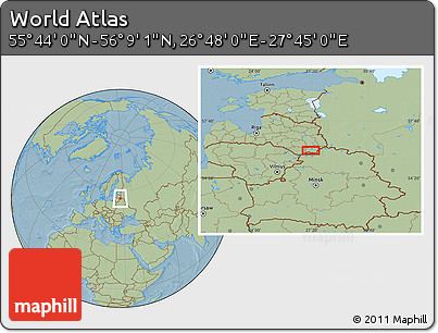 Savanna Style Location Map of the Area around 55° 56' 31" N, 27° 16' 29" E, hill shading