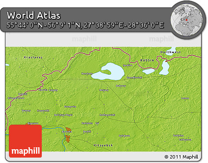 Physical 3D Map of the Area around 55° 56' 31" N, 28° 7' 30" E