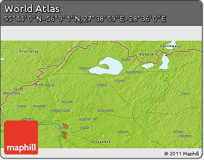 Physical 3D Map of the Area around 55° 56' 31" N, 28° 7' 30" E