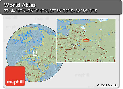 Savanna Style Location Map of the Area around 55° 56' 31" N, 28° 7' 30" E, hill shading