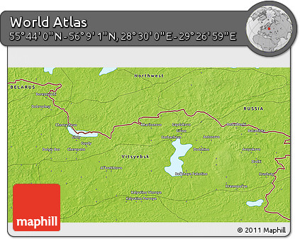 Physical 3D Map of the Area around 55° 56' 31" N, 28° 58' 30" E
