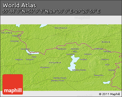 Physical 3D Map of the Area around 55° 56' 31" N, 28° 58' 30" E
