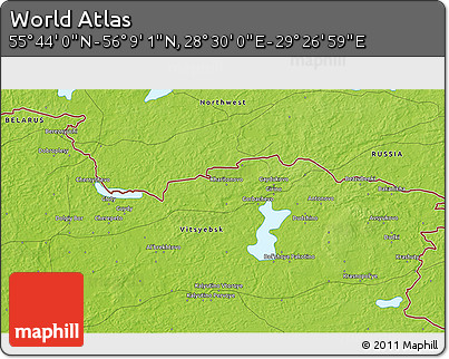 Physical 3D Map of the Area around 55° 56' 31" N, 28° 58' 30" E