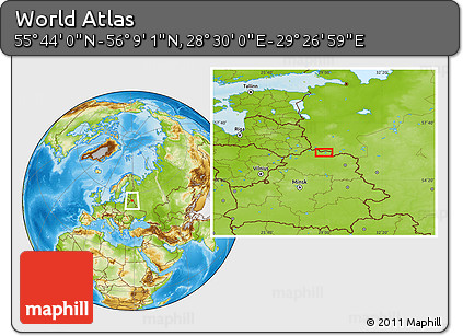 Physical Location Map of the Area around 55° 56' 31" N, 28° 58' 30" E