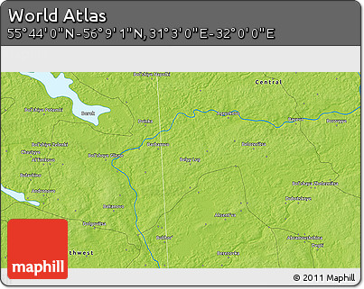 Physical 3D Map of the Area around 55° 56' 31" N, 31° 31' 29" E